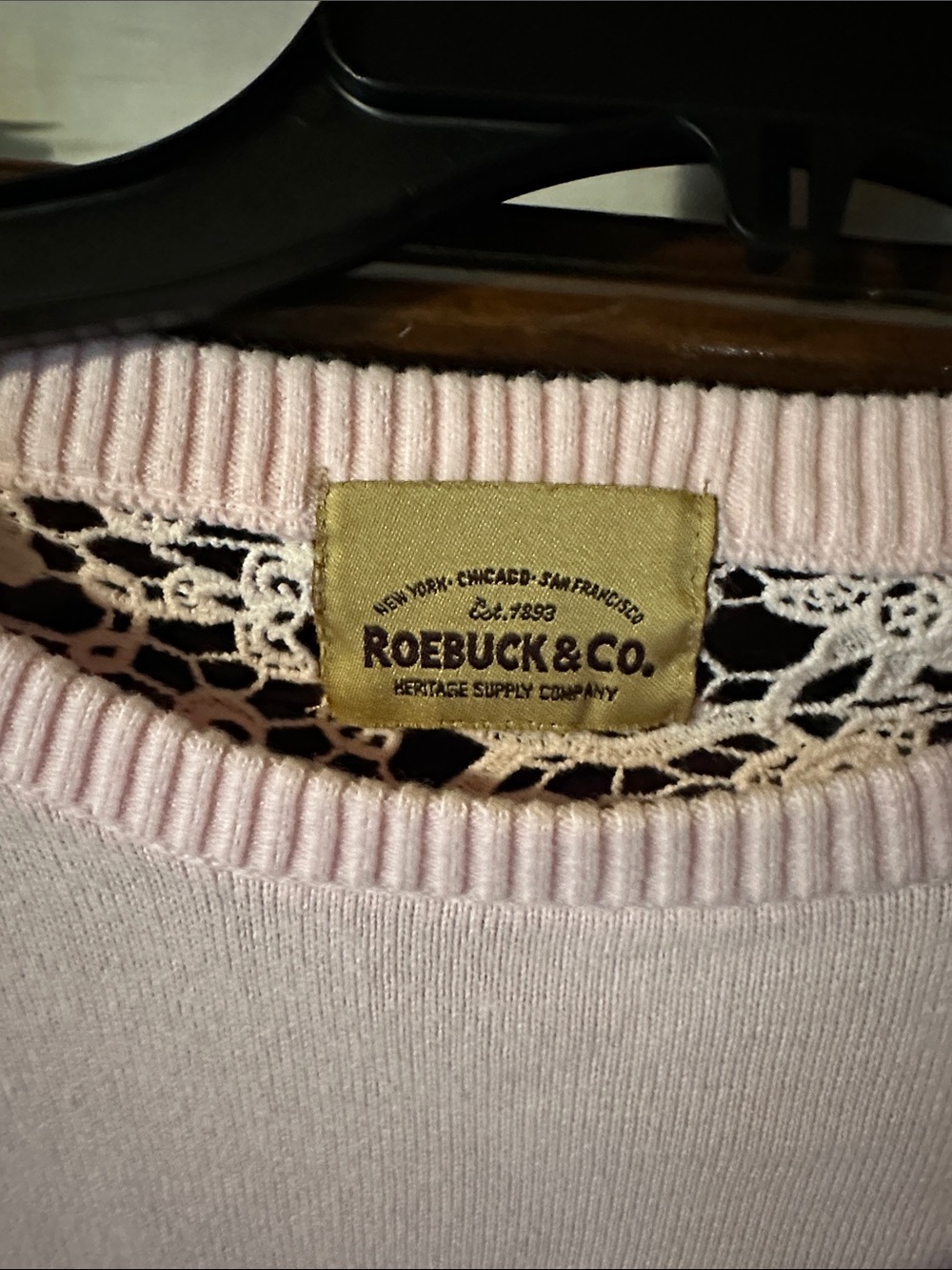Vintage Roebuck & Co. Pale Pink Crewneck Sweater with Lace Shoulder Detail - Picture 2 of 5
